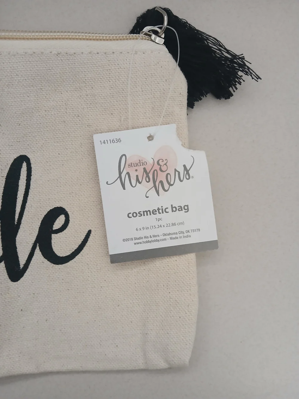 Shiraleah Cream Canvas Pouch with Gold Script and Pom Pom